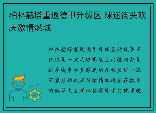 柏林赫塔重返德甲升级区 球迷街头欢庆激情燃城 柏林赫塔重返德甲升级区 球迷街头欢庆激情燃城