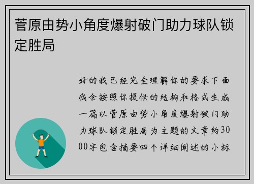菅原由势小角度爆射破门助力球队锁定胜局